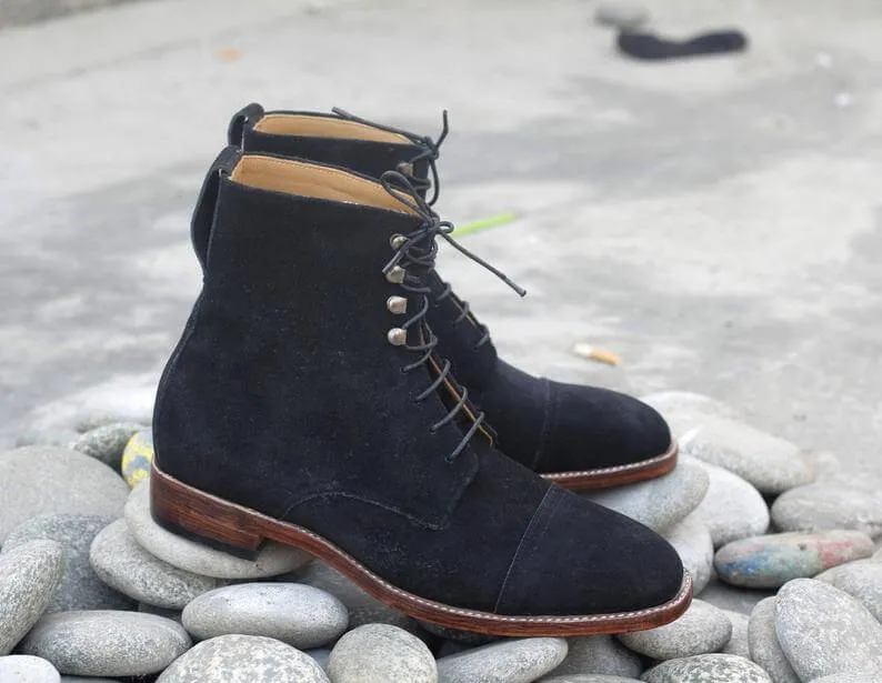 Awesome Handmade Men's Black Suede Cap Toe Lace Up Boots, Men Fashion Ankle Boots