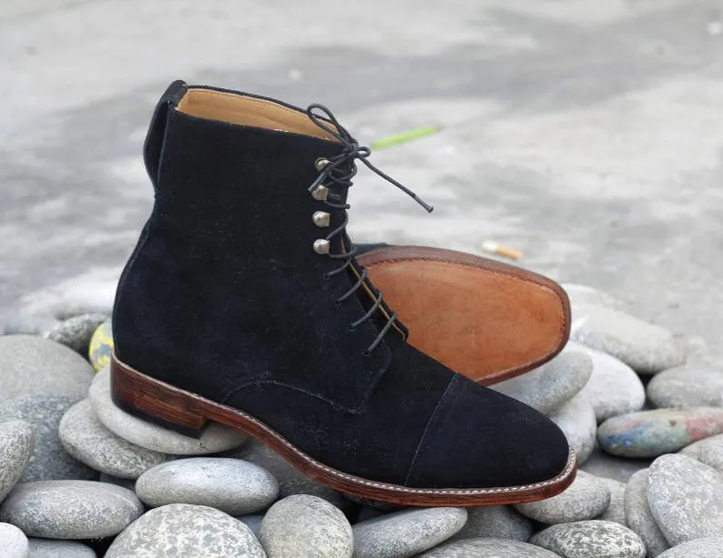 Awesome Handmade Men's Black Suede Cap Toe Lace Up Boots, Men Fashion Ankle Boots