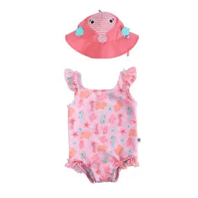 Baby Ruffled Swimsuit & Sunhat Set - Seahorse