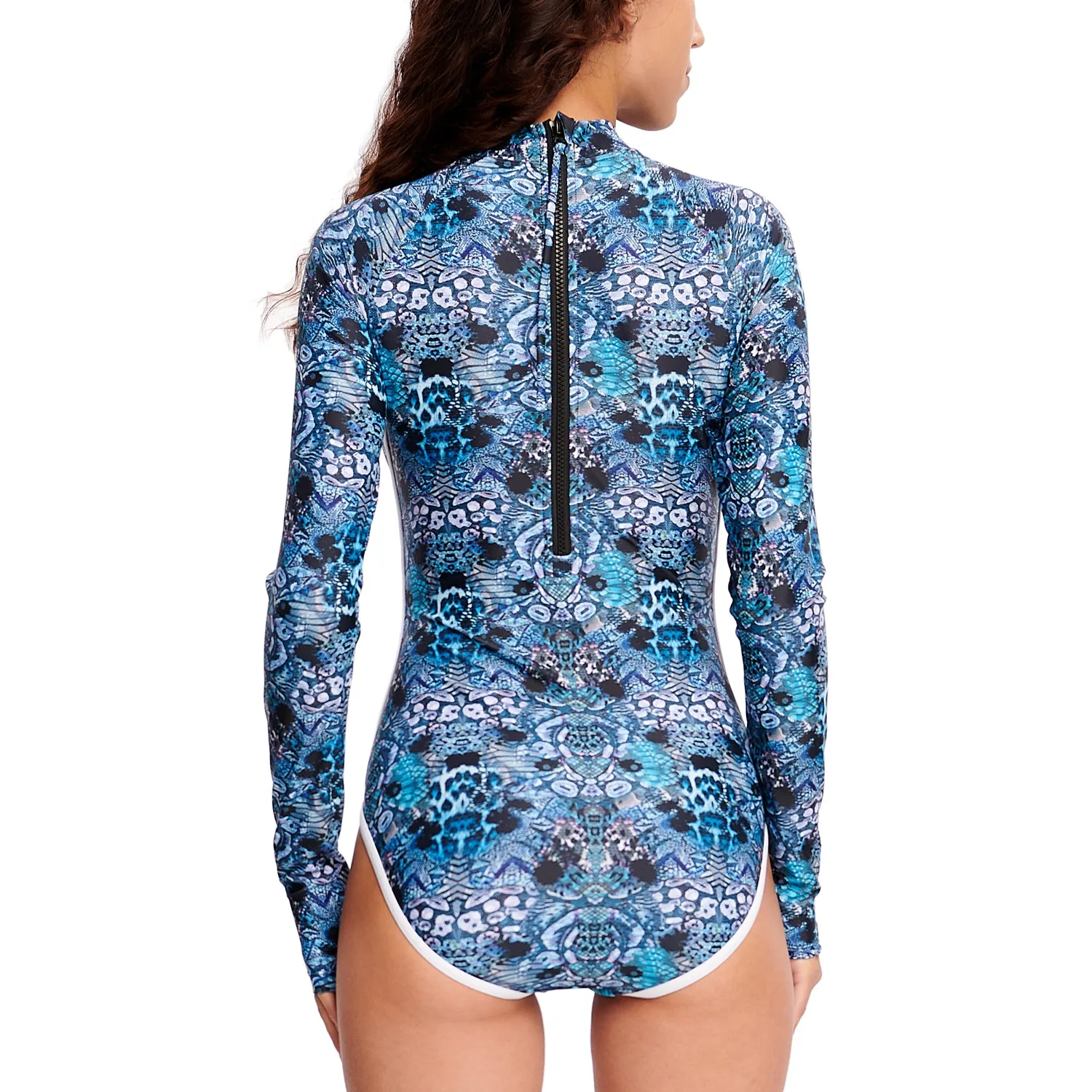 Beast Skin Art Long Sleeve One-Piece Swimsuit Rash Guard for Women - Blue