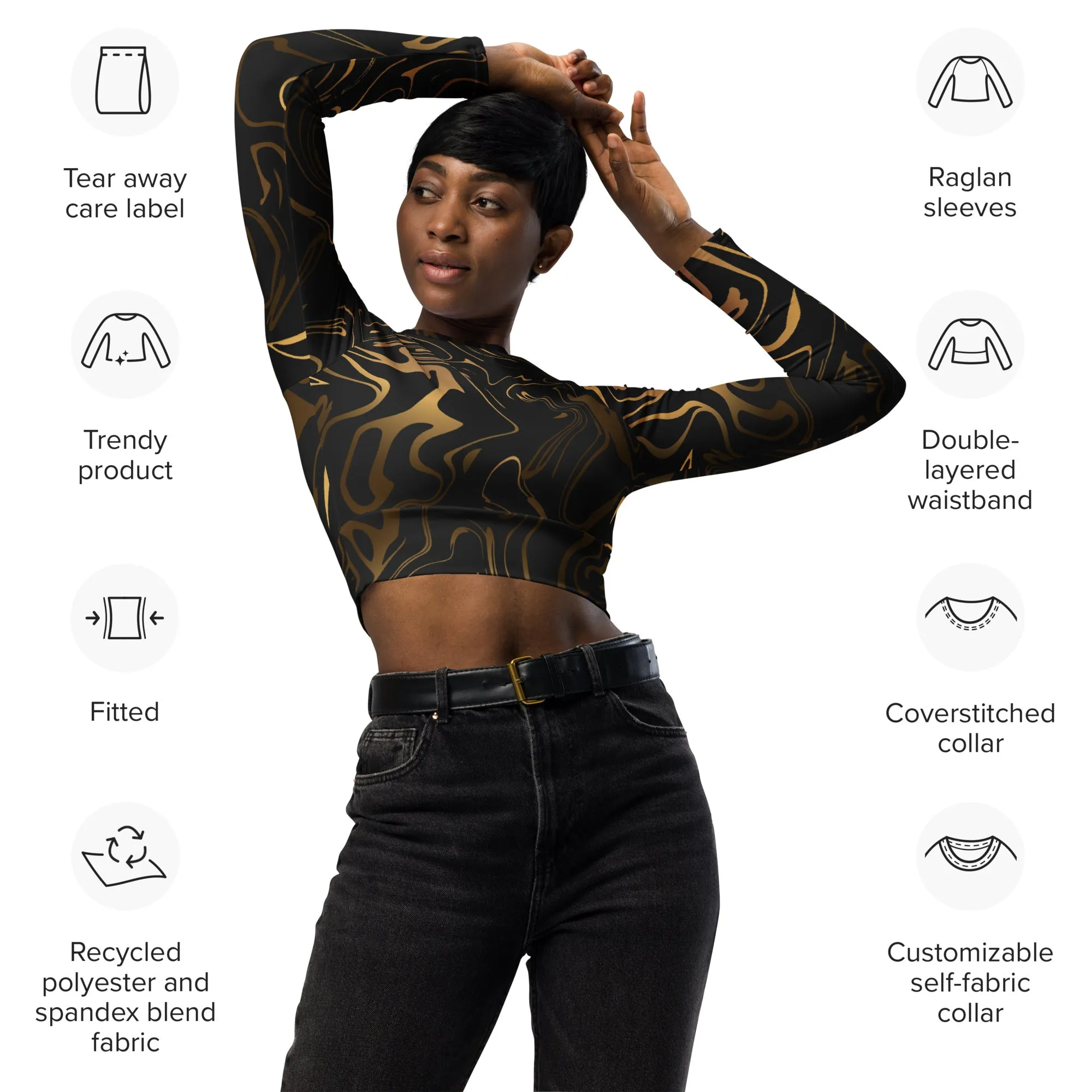 Black & Gold Recycled Long-sleeve Crop Top