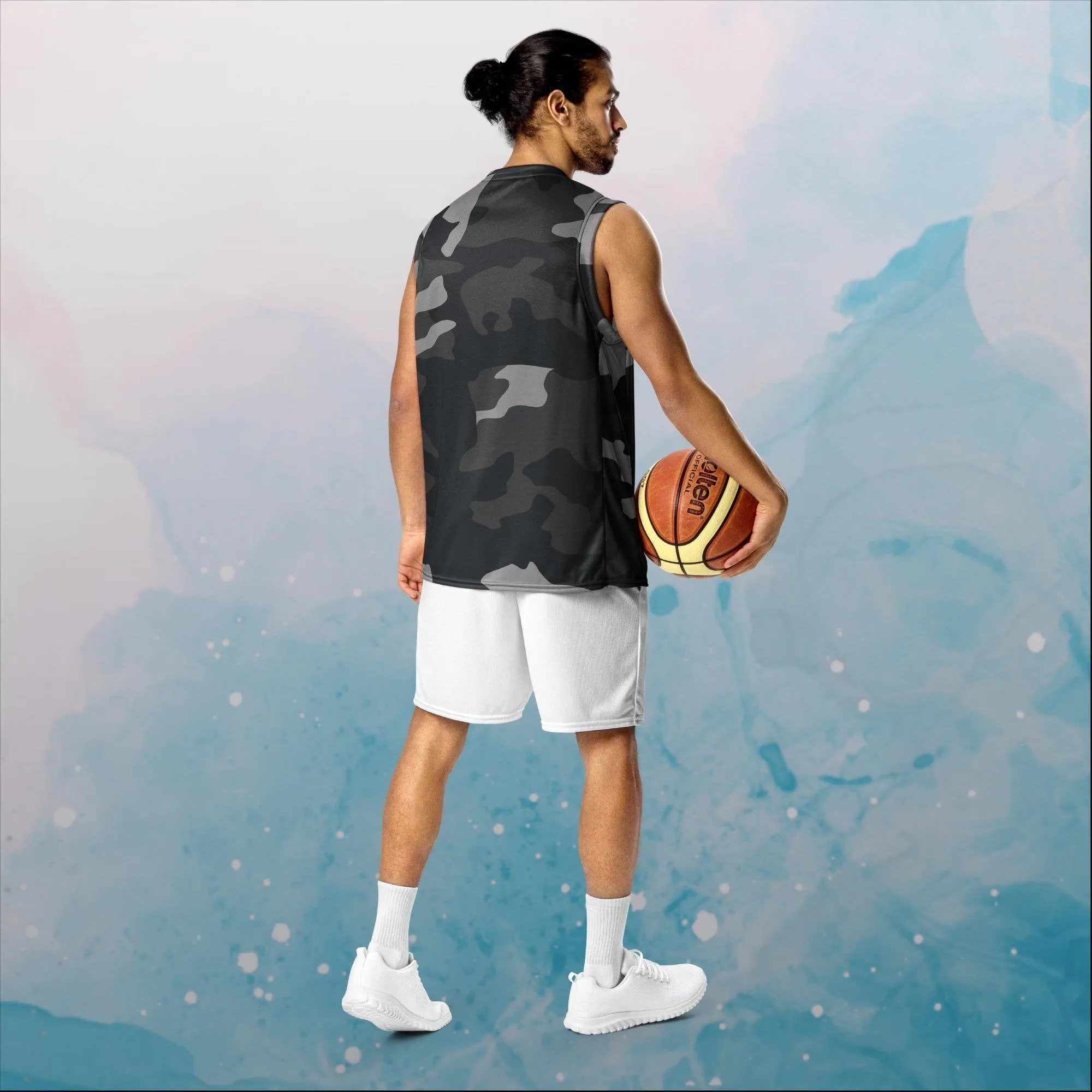 Black and Grey Camo Print Recycled Unisex Basketball Jersey