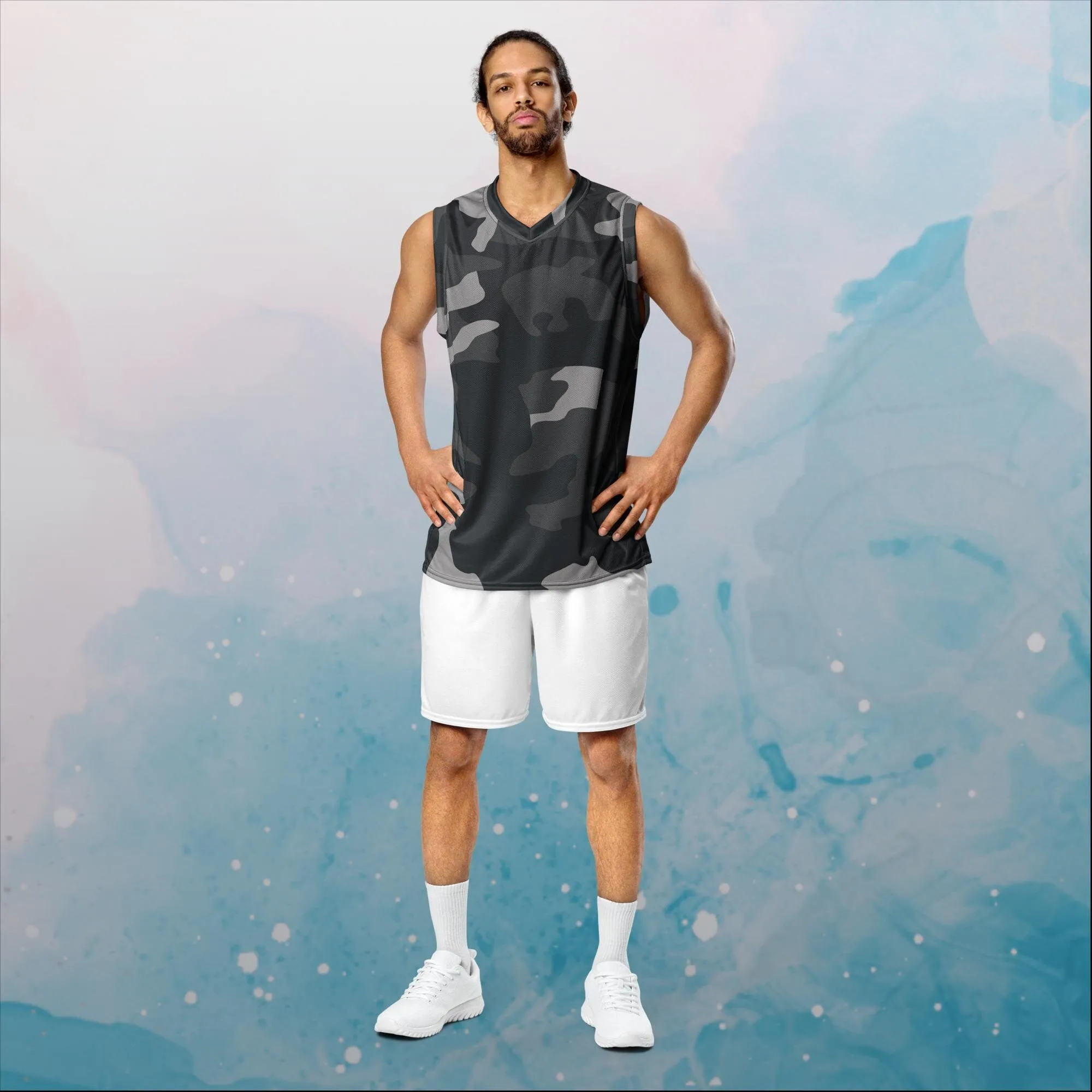 Black and Grey Camo Print Recycled Unisex Basketball Jersey