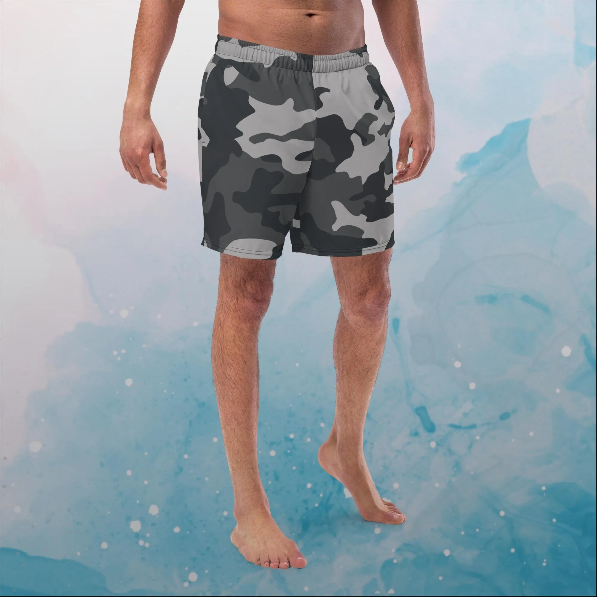 Black and Grey Camo Print Swim Trunks