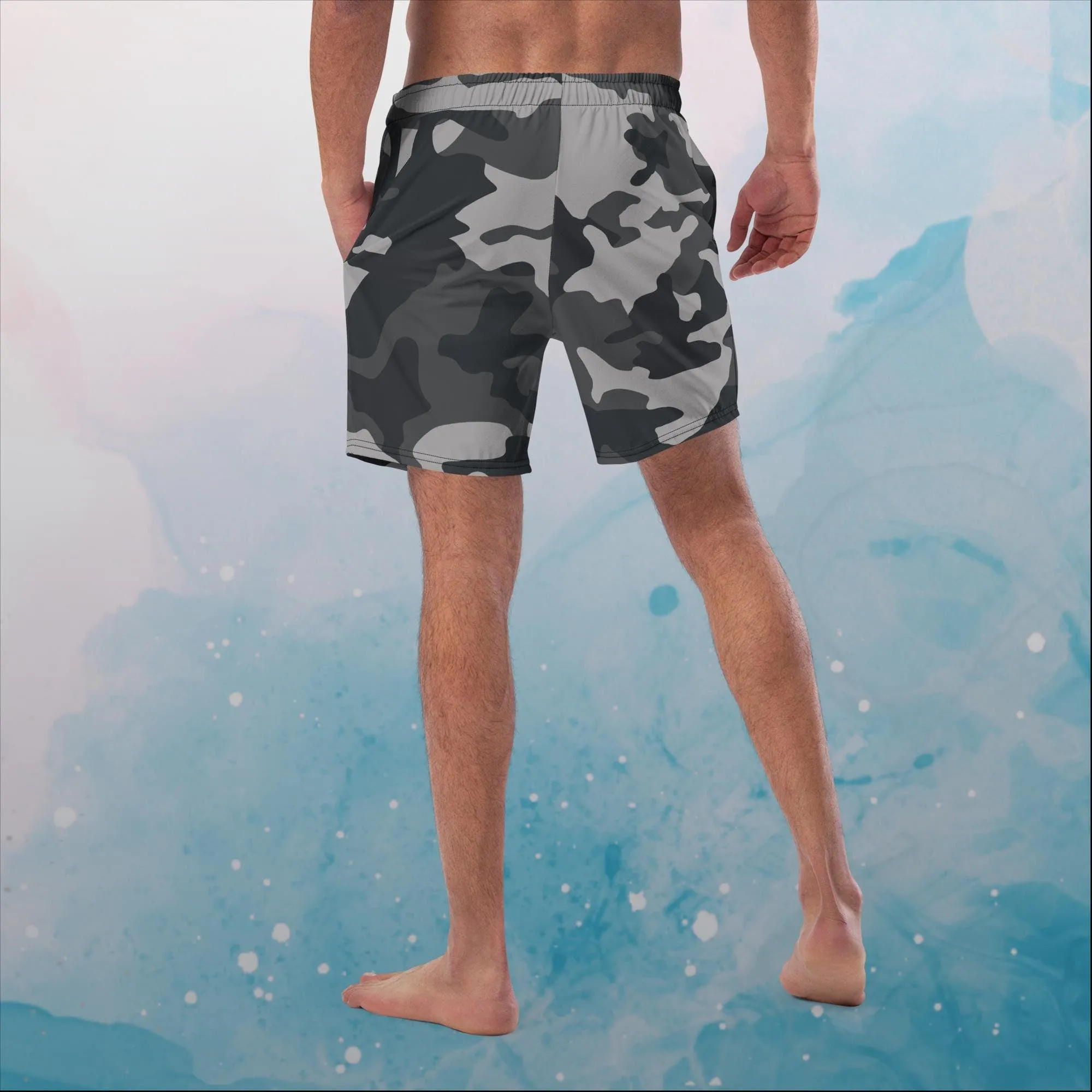 Black and Grey Camo Print Swim Trunks