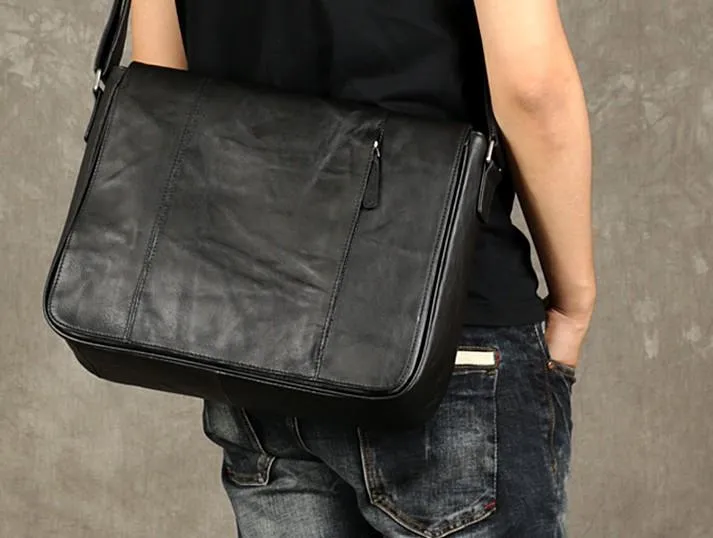 Black Leather Mens Cool Large Messenger Bag Shoulder Bag Cycling Crossbody Bag for men