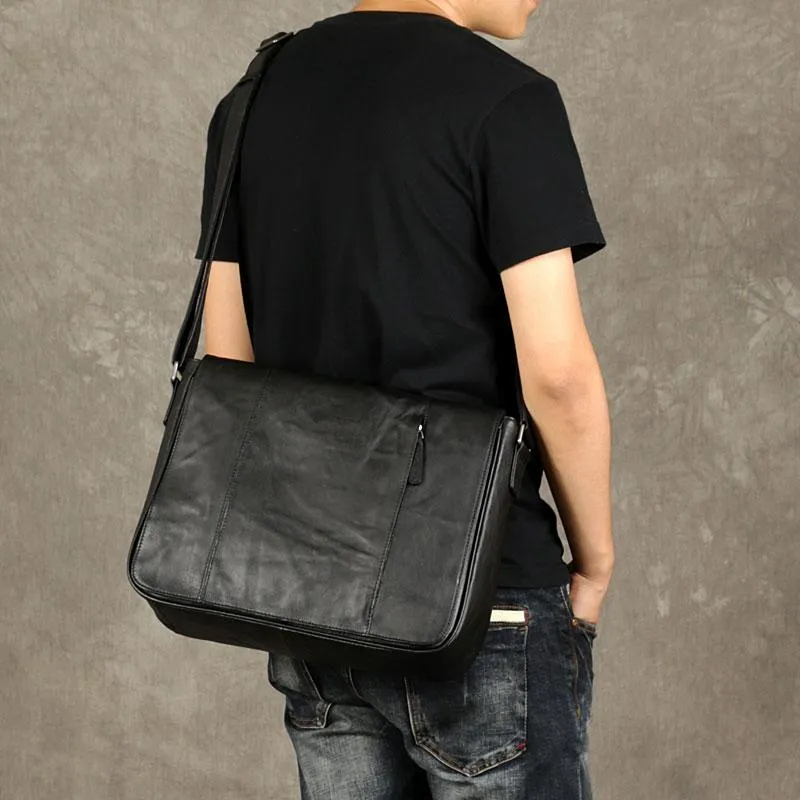 Black Leather Mens Cool Large Messenger Bag Shoulder Bag Cycling Crossbody Bag for men