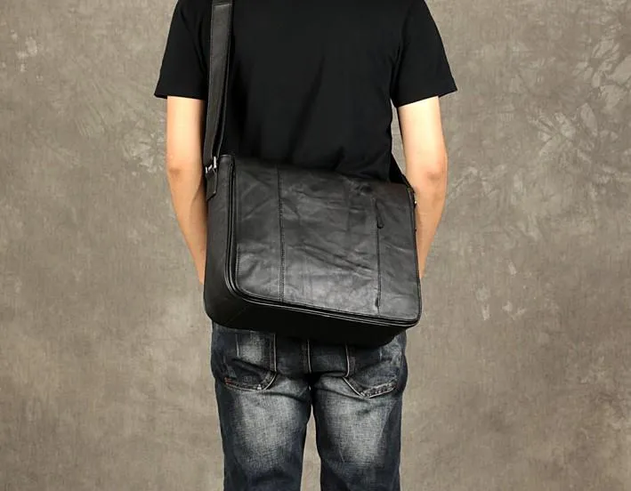 Black Leather Mens Cool Large Messenger Bag Shoulder Bag Cycling Crossbody Bag for men