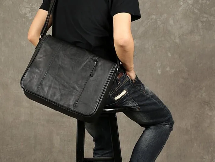 Black Leather Mens Cool Large Messenger Bag Shoulder Bag Cycling Crossbody Bag for men