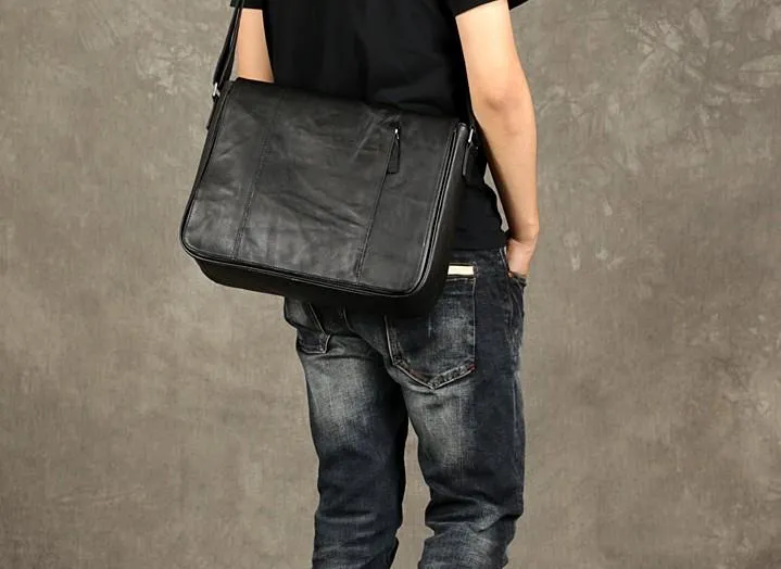 Black Leather Mens Cool Large Messenger Bag Shoulder Bag Cycling Crossbody Bag for men