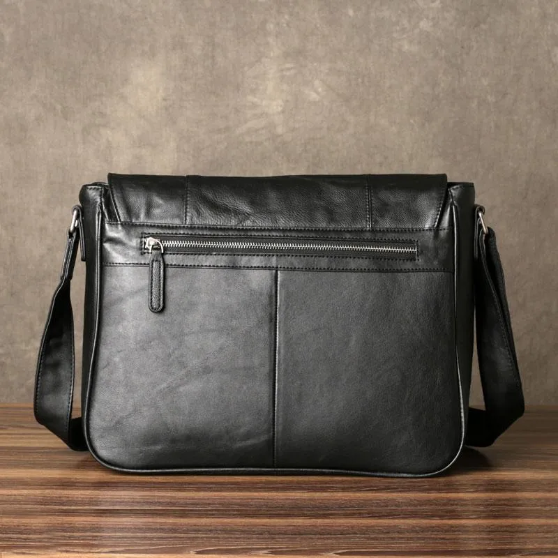 Black Leather Mens Cool Large Messenger Bag Shoulder Bag Cycling Crossbody Bag for men