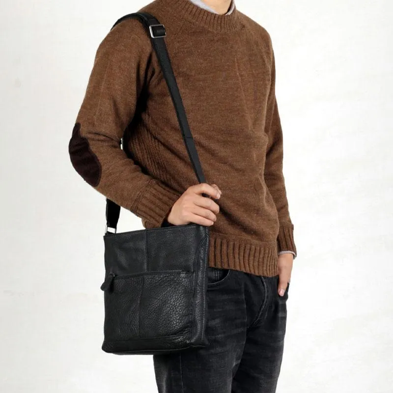 Black Leather Mens Cool Messenger Bag Shoulder Bag for men