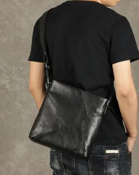 Black Leather Mens Cool Messenger Bag Small Shoulder Bag for men