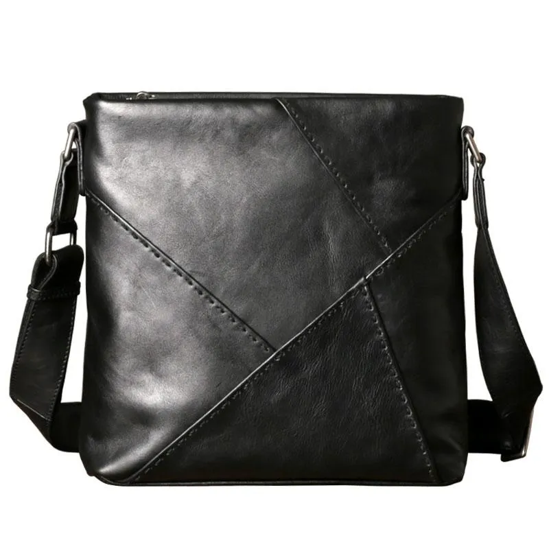 Black Leather Mens Cool Messenger Bag Small Shoulder Bag for men