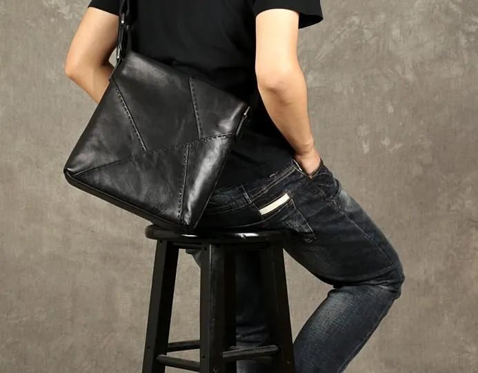 Black Leather Mens Cool Messenger Bag Small Shoulder Bag for men