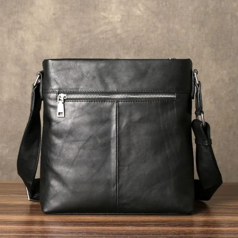 Black Leather Mens Cool Messenger Bag Small Shoulder Bag for men