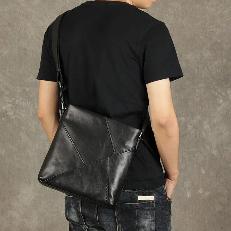 Black Leather Mens Cool Messenger Bag Small Shoulder Bag for men