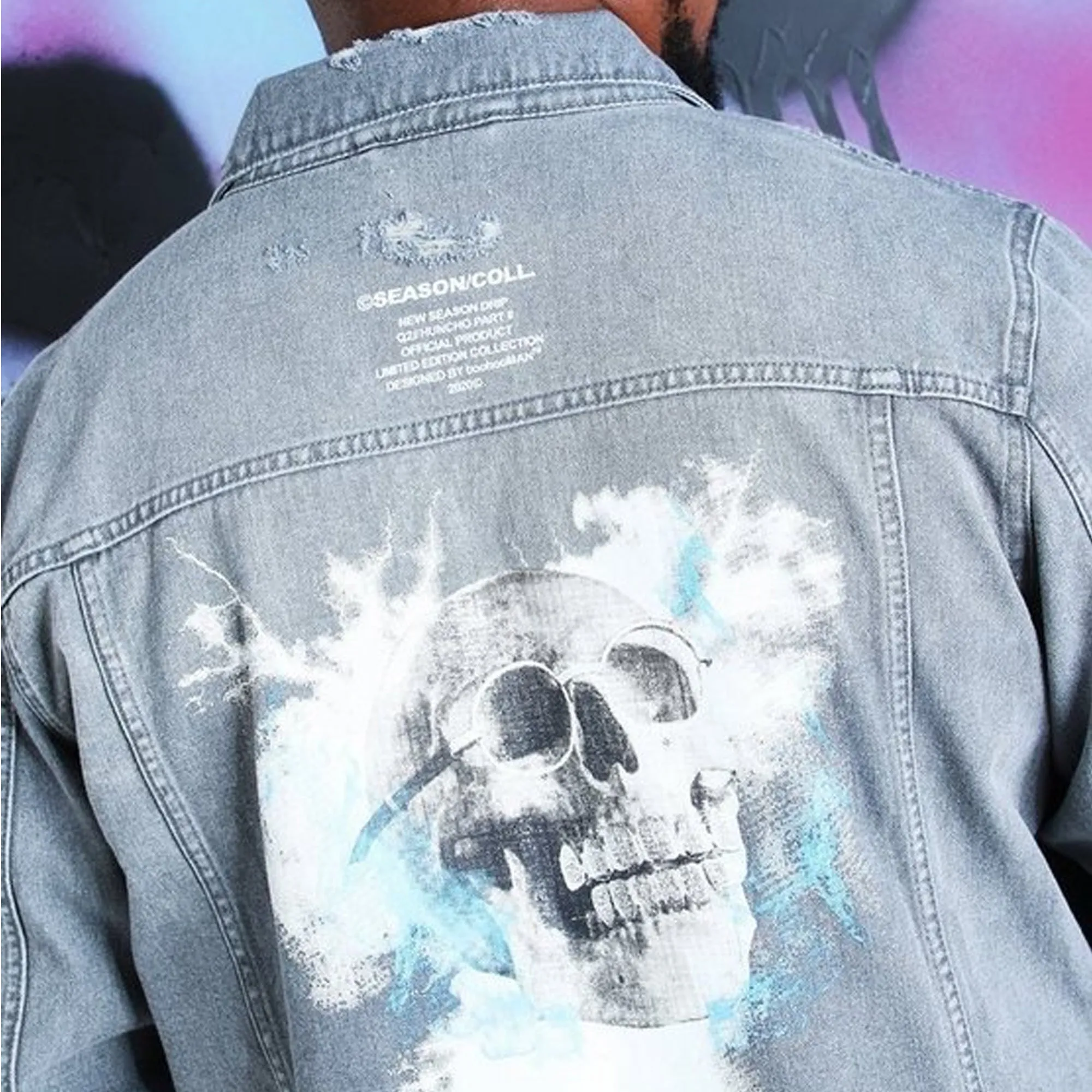 BOOHOO.MAN - Men 'Gaey' Quavo Skull and Flame Denim Jacket MN098