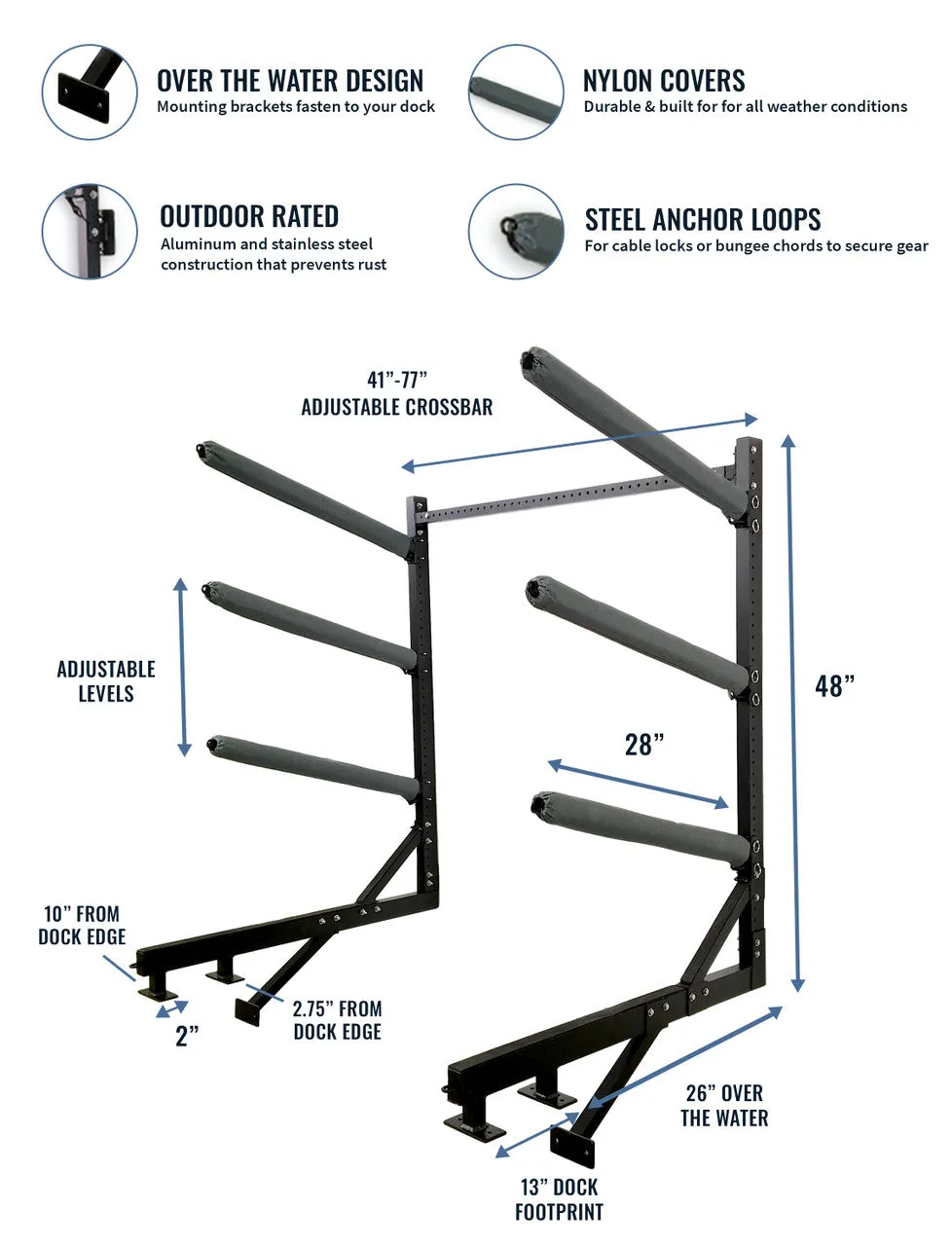 Broadwater Paddleboard Storage | Adjustable Dock Rack | Over The Water | 4 Levels