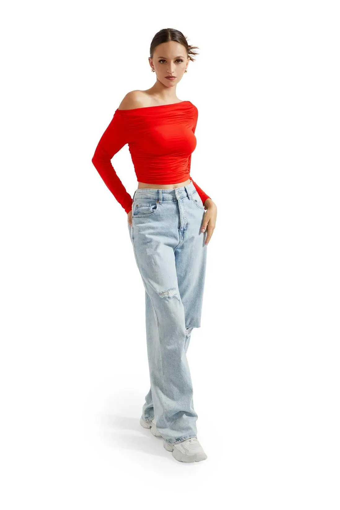 Buttery Soft Ruched Off Shoulder Shirt - Long Sleeve