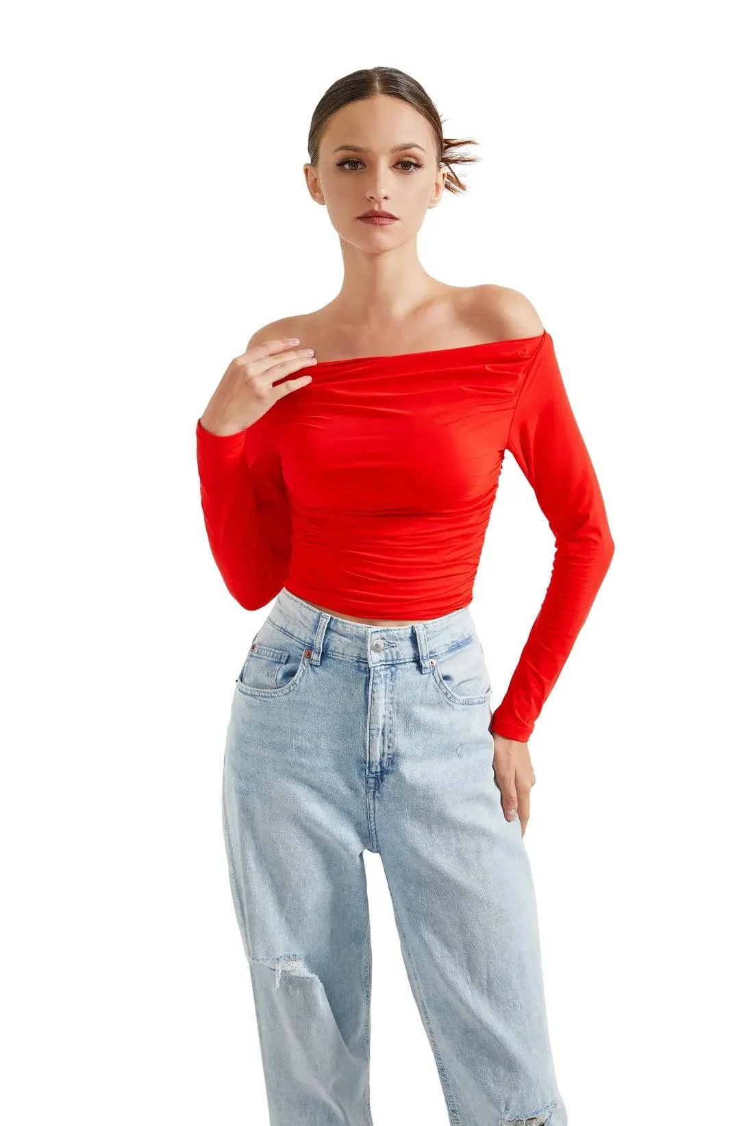 Buttery Soft Ruched Off Shoulder Shirt - Long Sleeve