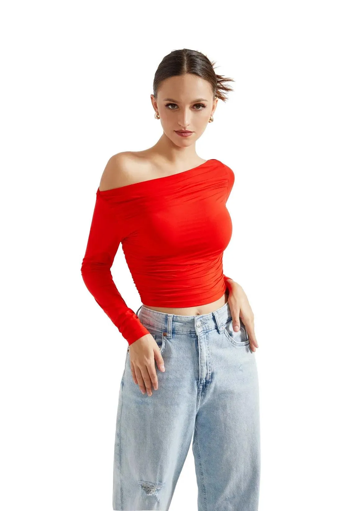 Buttery Soft Ruched Off Shoulder Shirt - Long Sleeve