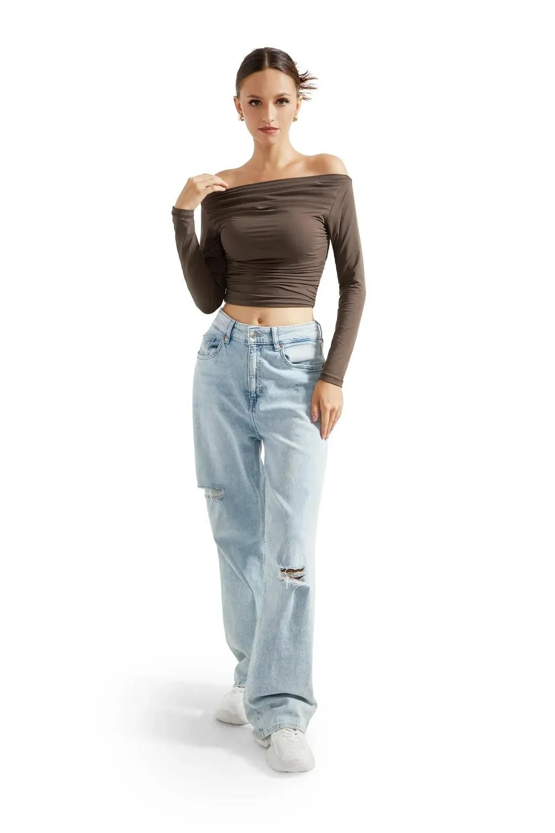 Buttery Soft Ruched Off Shoulder Shirt - Long Sleeve