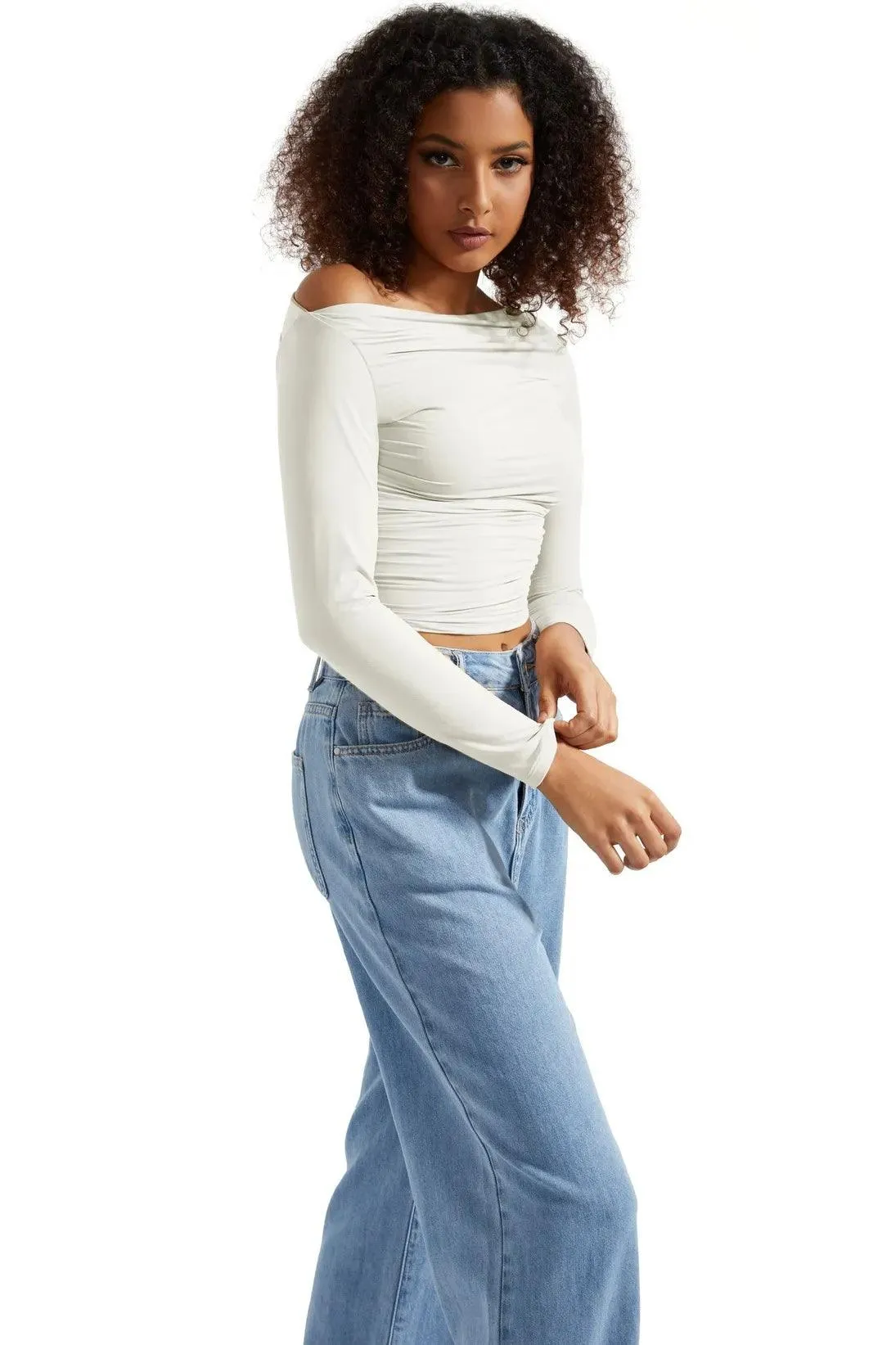 Buttery Soft Ruched Off Shoulder Shirt - Long Sleeve