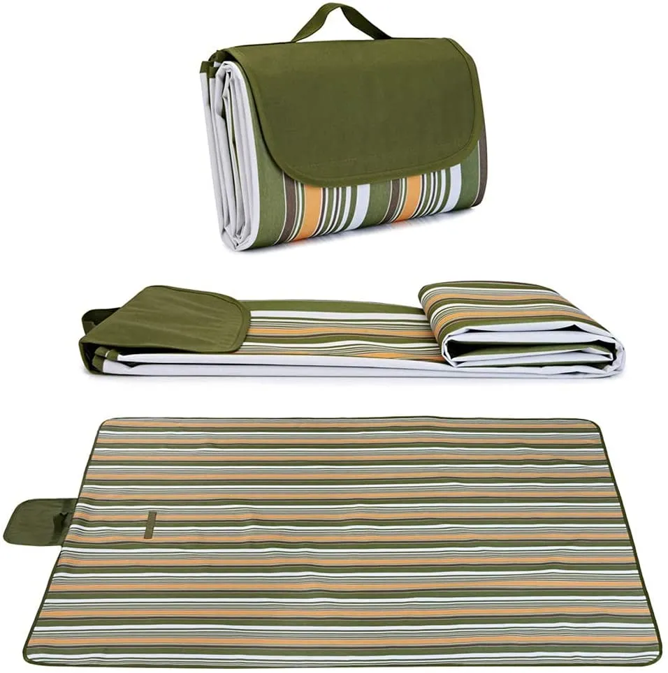 DEETIK Large Picnic Blanket for Indoor and Outdoor,79" X 77" Sandproof Waterproof Windproof Material, Mat for Beach, Travel, Camping, Hiking, Machine Washable, Foldable, - Green Stripes Themed