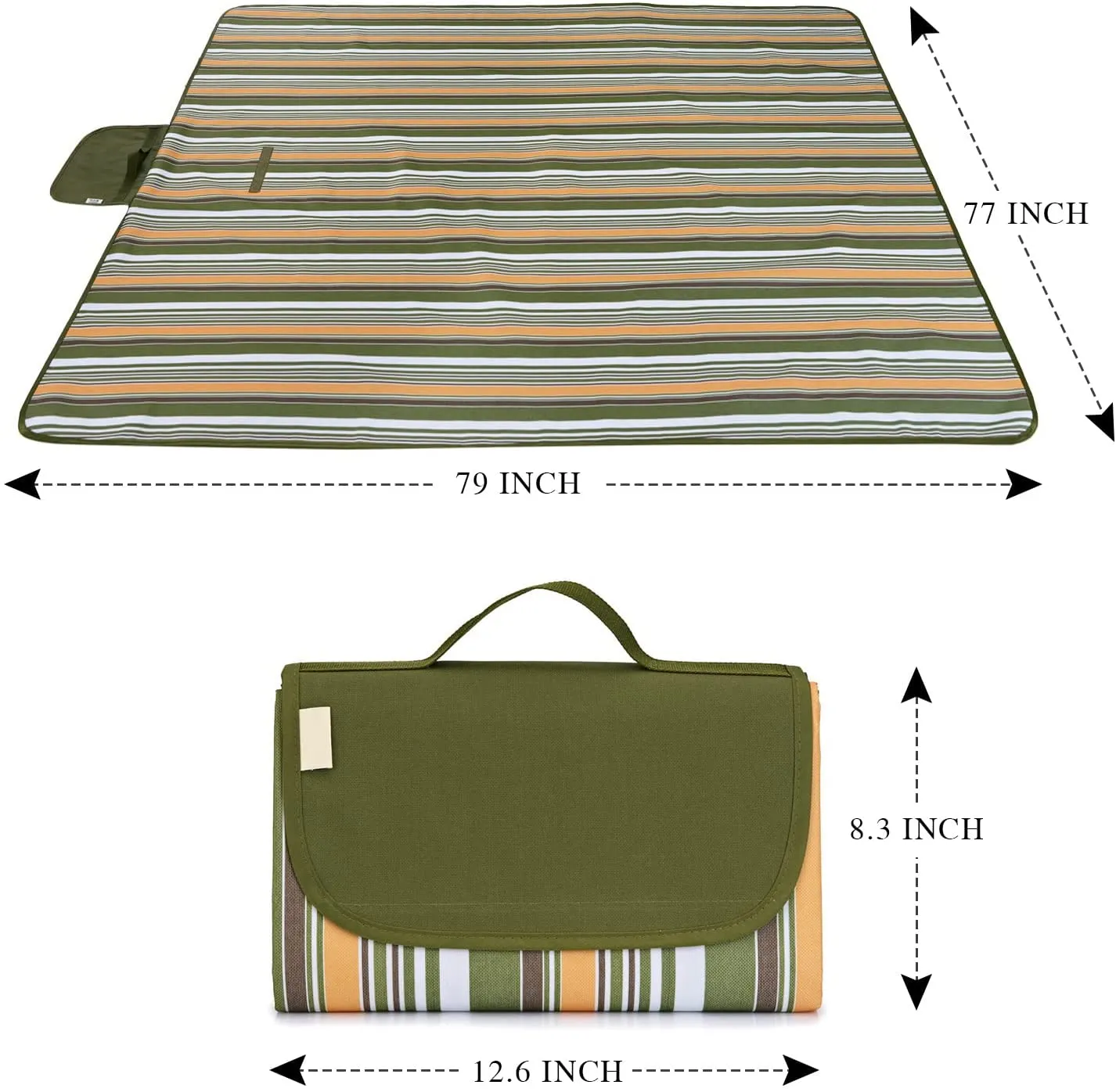 DEETIK Large Picnic Blanket for Indoor and Outdoor,79" X 77" Sandproof Waterproof Windproof Material, Mat for Beach, Travel, Camping, Hiking, Machine Washable, Foldable, - Green Stripes Themed