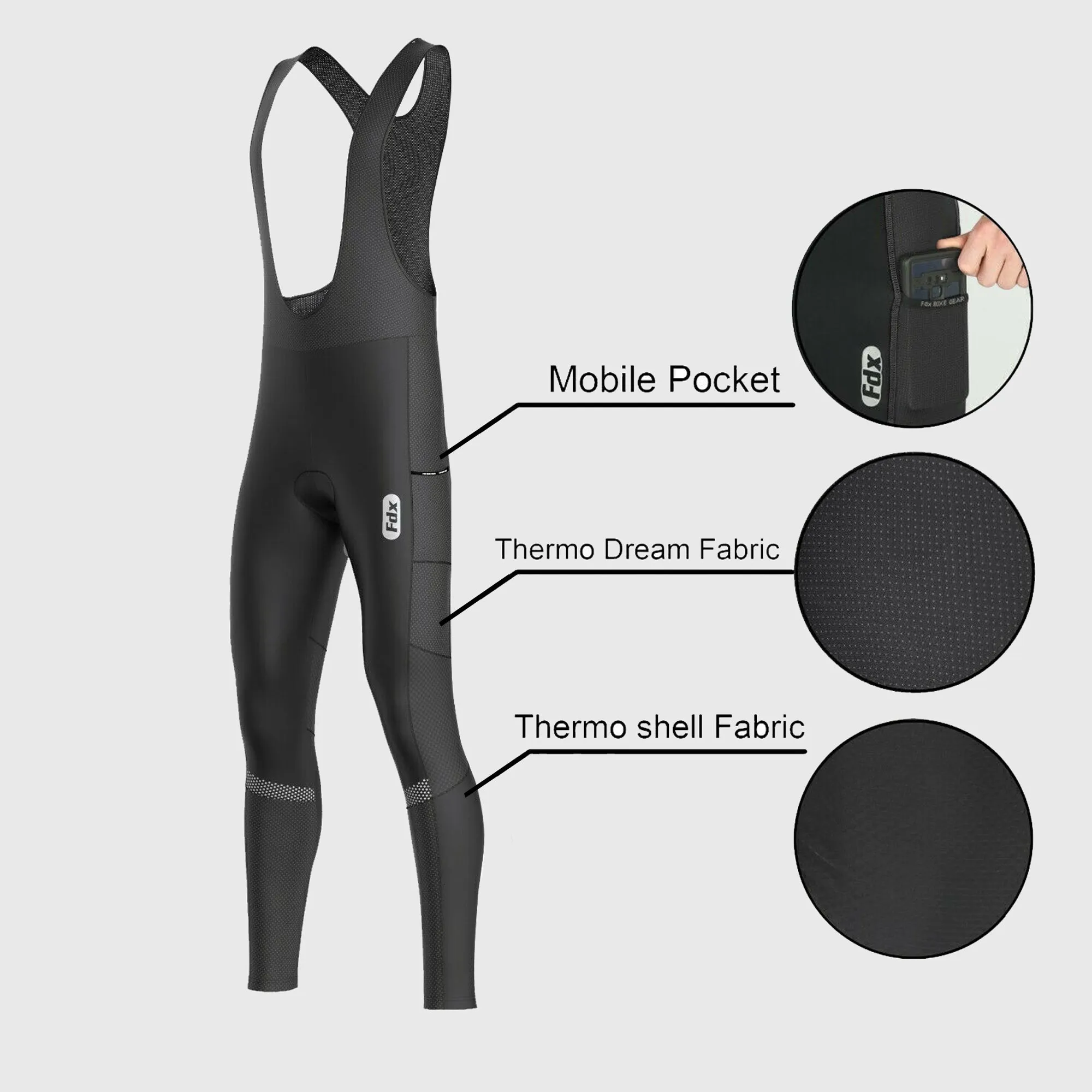 Fdx All Day Men's & Boy's Black Thermal Padded Cycling Cargo Bib Tights