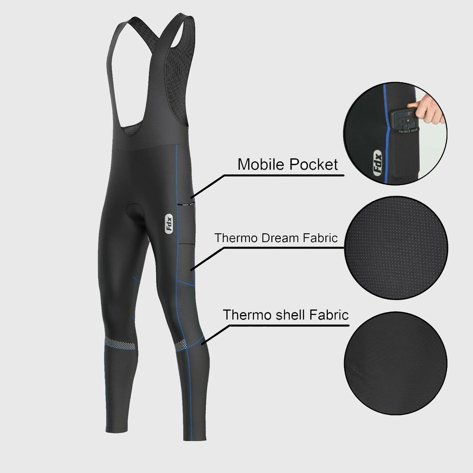 Fdx All Day Men's & Boy's Blue Thermal Padded Cycling Cargo Bib Tights