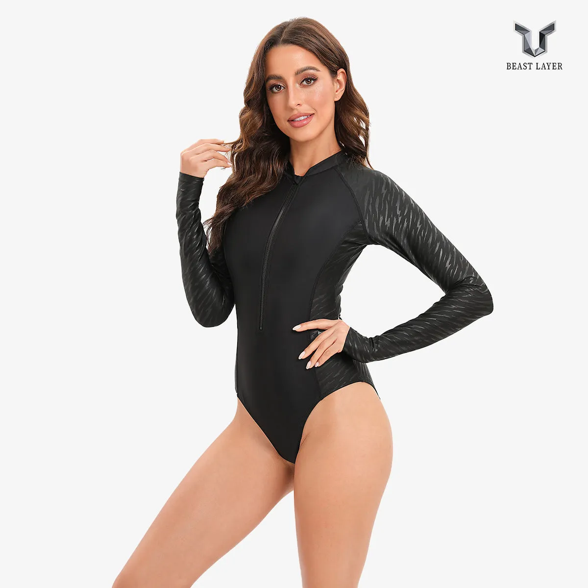 Graphic UPF50  Front-Zip One-Piece Rash Guards for Women - Black