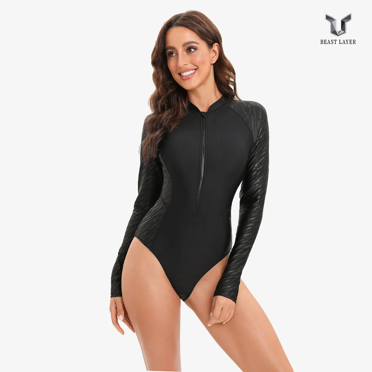 Graphic UPF50  Front-Zip One-Piece Rash Guards for Women - Black