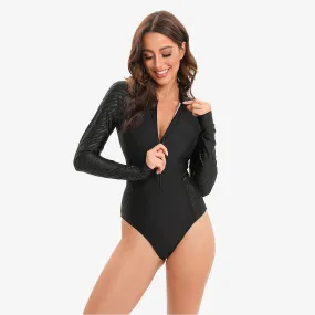 Graphic UPF50  Front-Zip One-Piece Rash Guards for Women - Black