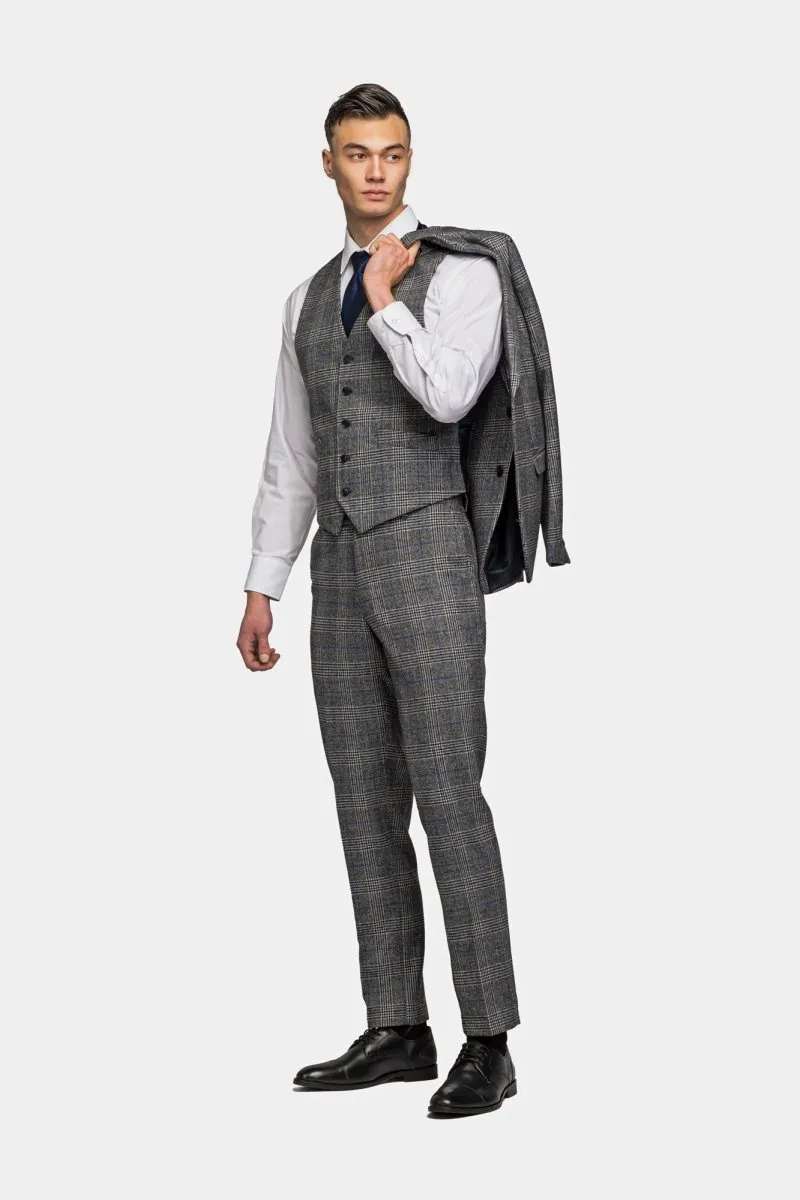 Gray Blue Flannel Plaid 3 Piece Suit