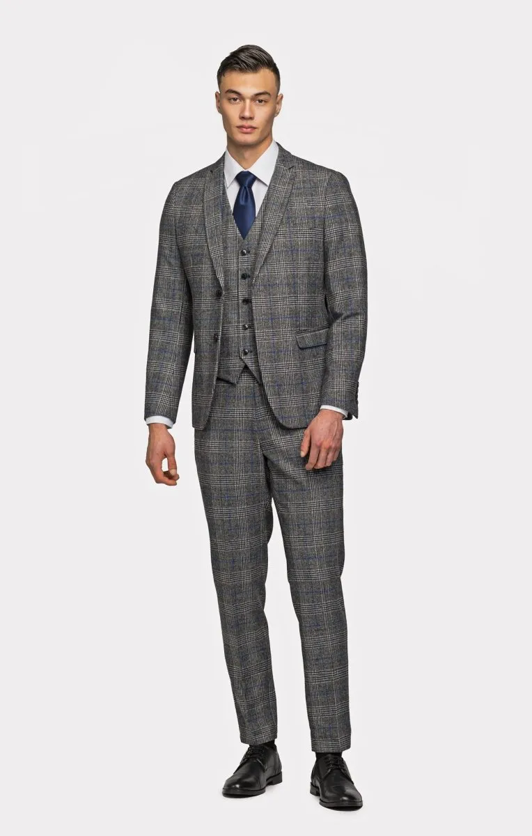 Gray Blue Flannel Plaid 3 Piece Suit