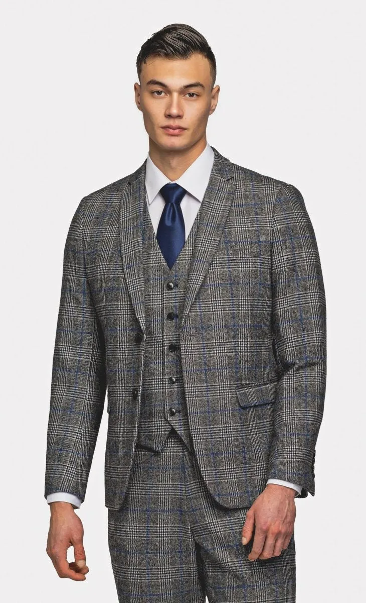 Gray Blue Flannel Plaid 3 Piece Suit