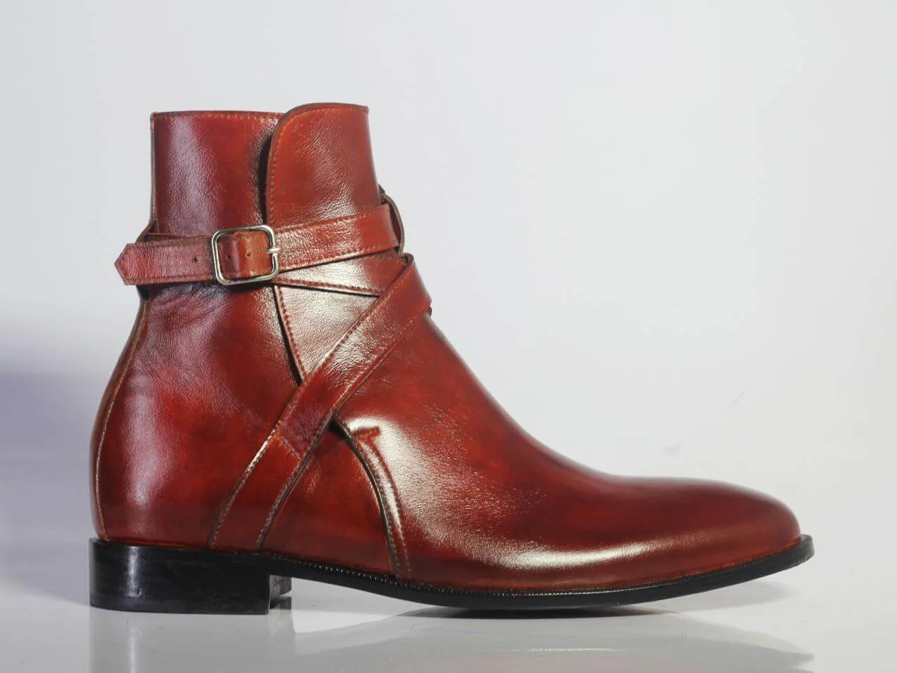 Handmade Men's Ankle High Burgundy Leather Boots, Men Designer Jodhpurs Boots