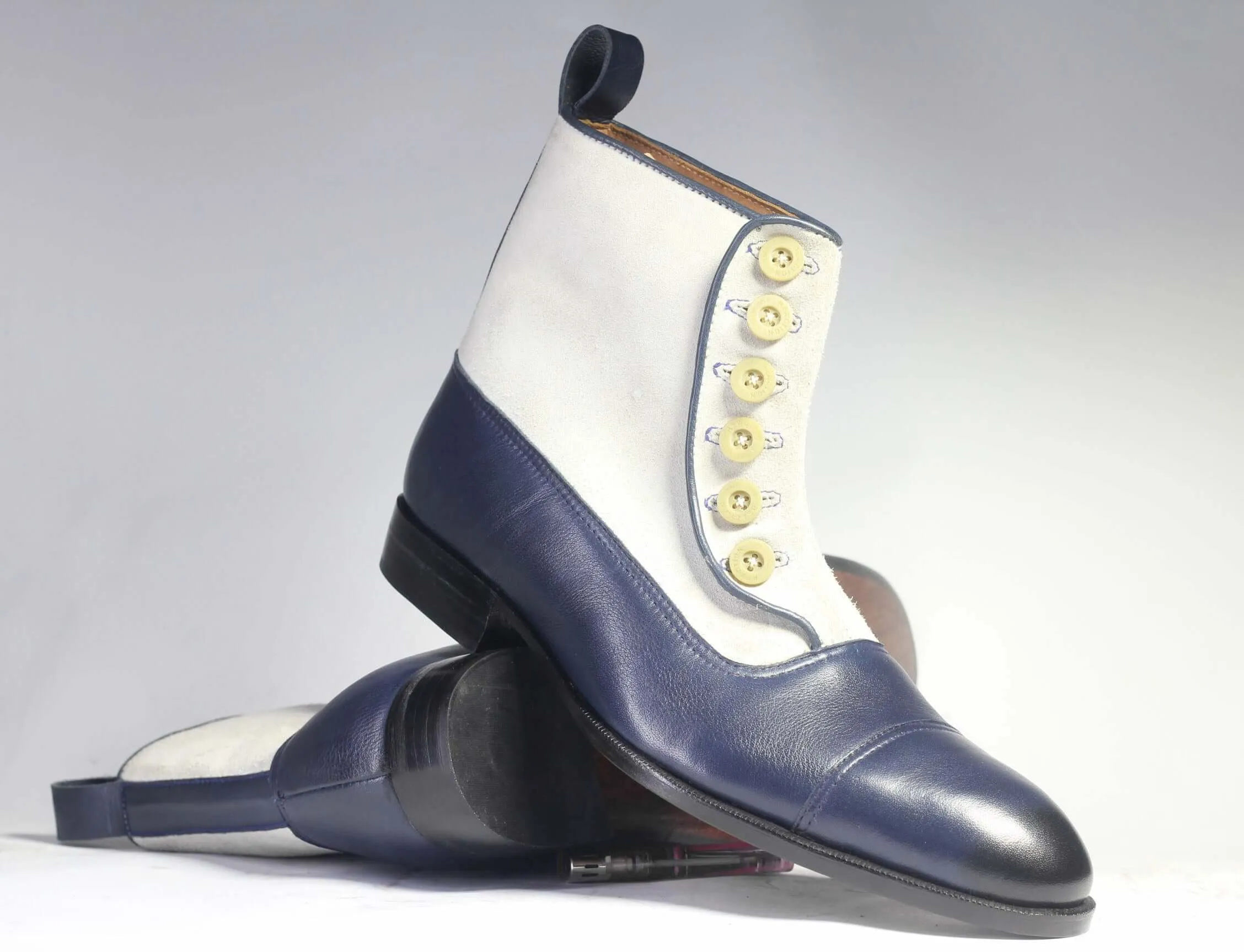 Handmade Men's Blue & White Ankle High Boots, Men Dress Leather & Suede Boots