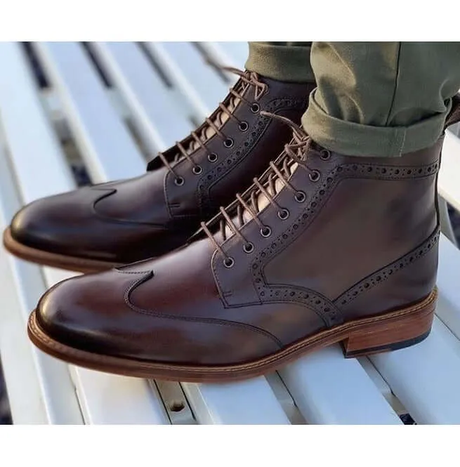 Handmade Men's Brown Gray Wing Tip Ankle Boots, Men Leather Lace Up Dress Boots