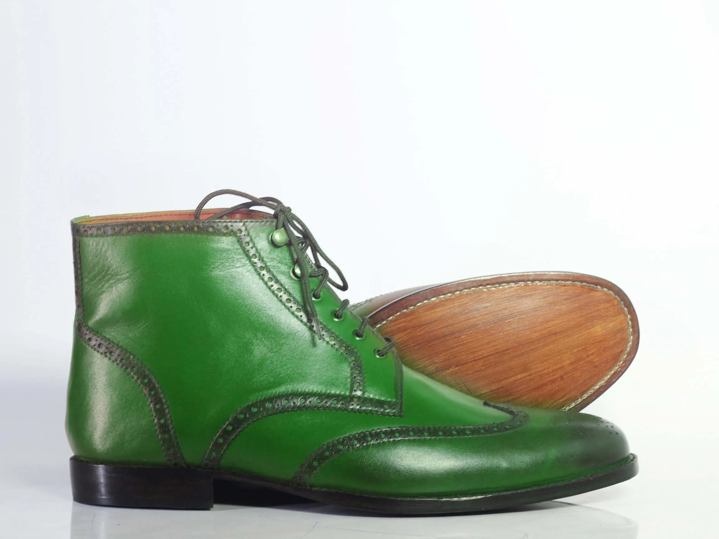 Handmade Men's Green Leather Chukka Boots, Men Wing Tip Brogue Toe Lace Up Boots