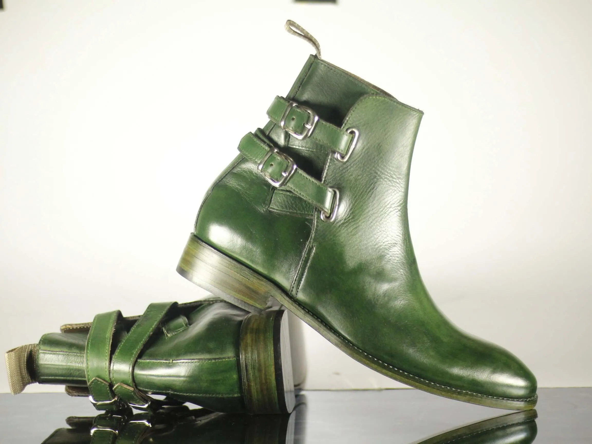 Handmade Men's Green Leather Jodhpurs Double Monk Strap Boots, Men Ankle Boots, Men Designer Boots