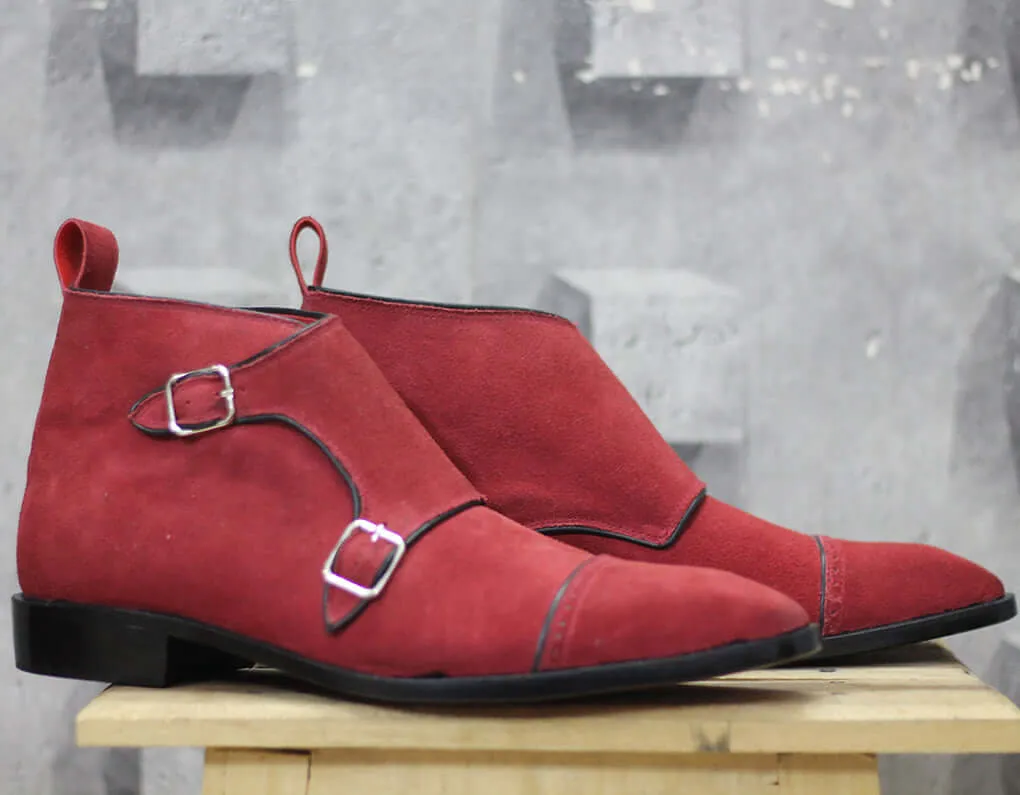 Handmade Men’s Maroon Color Suede Boots, Men Cap Toe Monk Strap Dress Boots