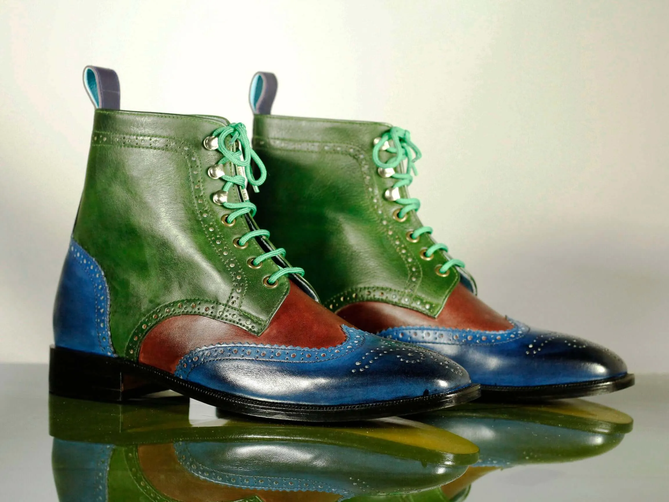 Handmade Men's Multi Color Wing Tip Brogue Leather Boots, Men Ankle Boots, Men Designer Boots