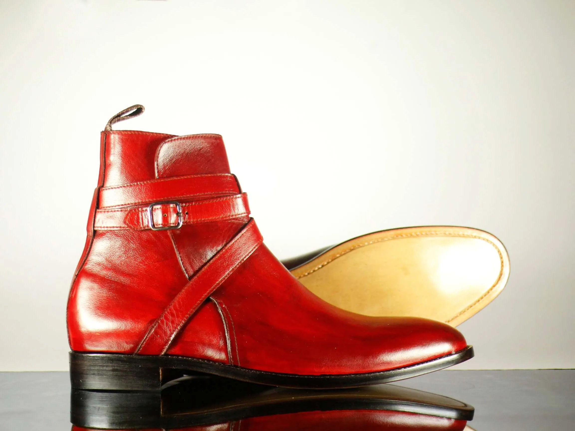 Handmade Men's Red Leather Jodhpurs Buckle Boots, Men Ankle Boots, Men Designer Boots