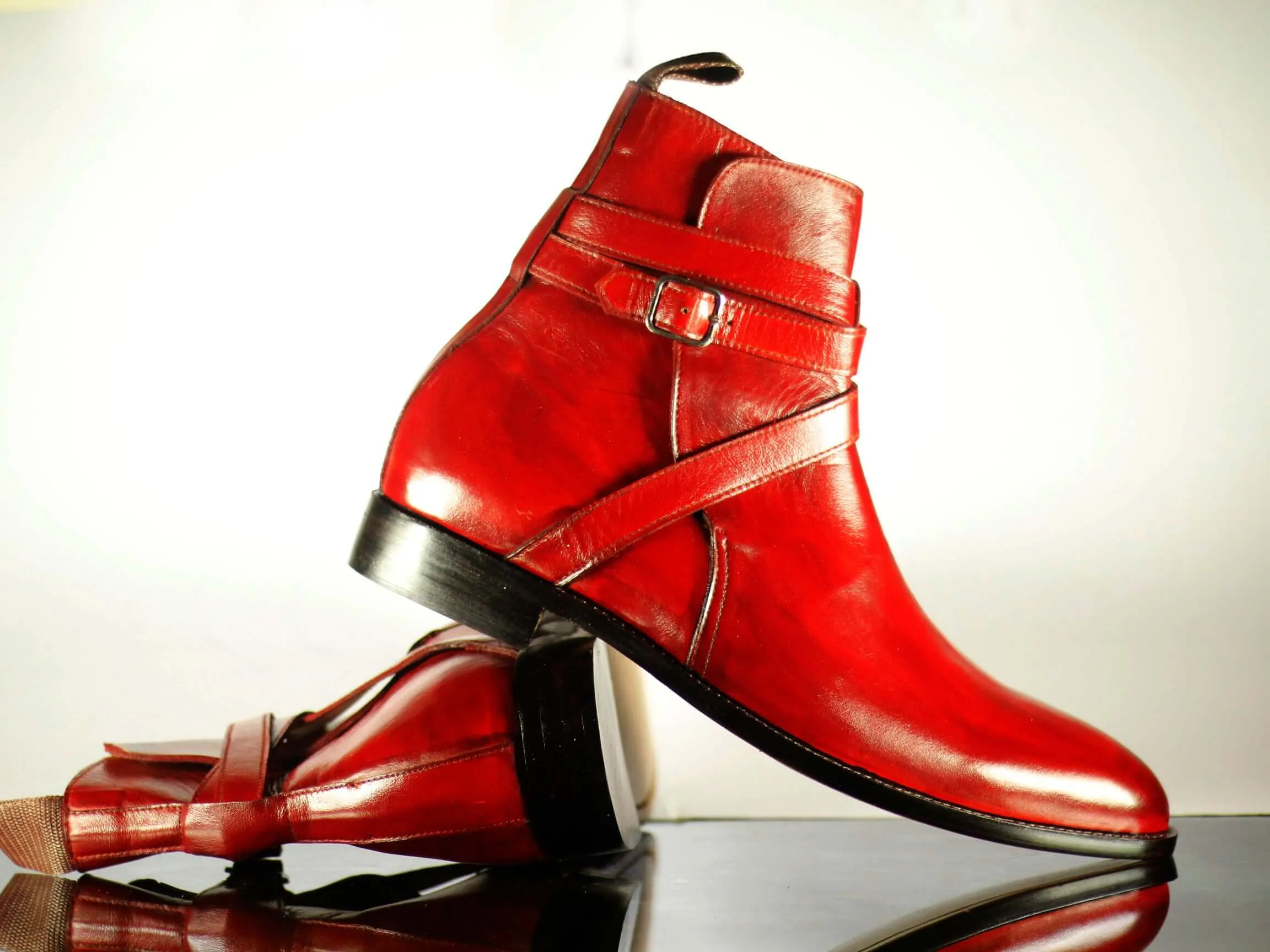 Handmade Men's Red Leather Jodhpurs Buckle Boots, Men Ankle Boots, Men Designer Boots