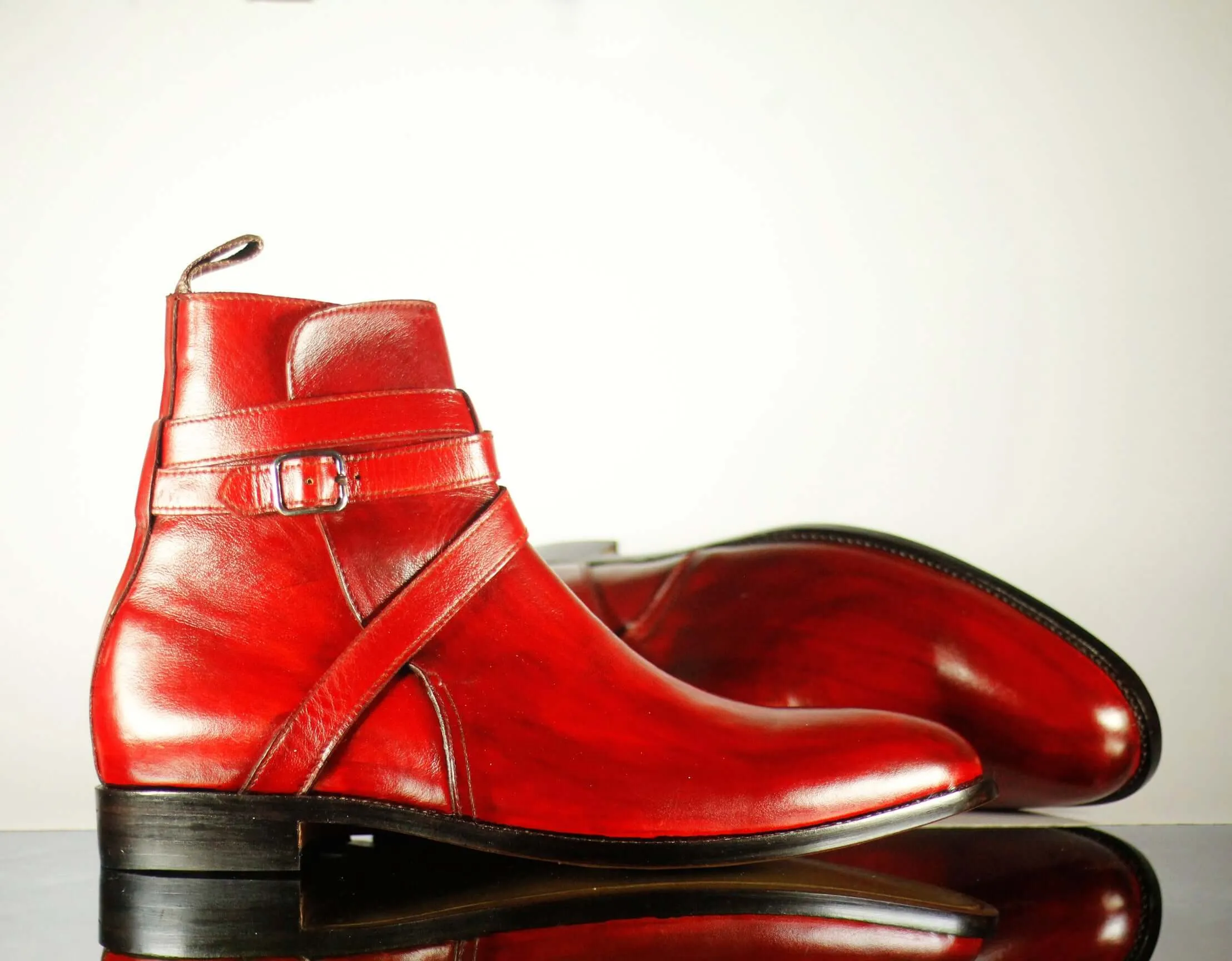 Handmade Men's Red Leather Jodhpurs Buckle Boots, Men Ankle Boots, Men Designer Boots