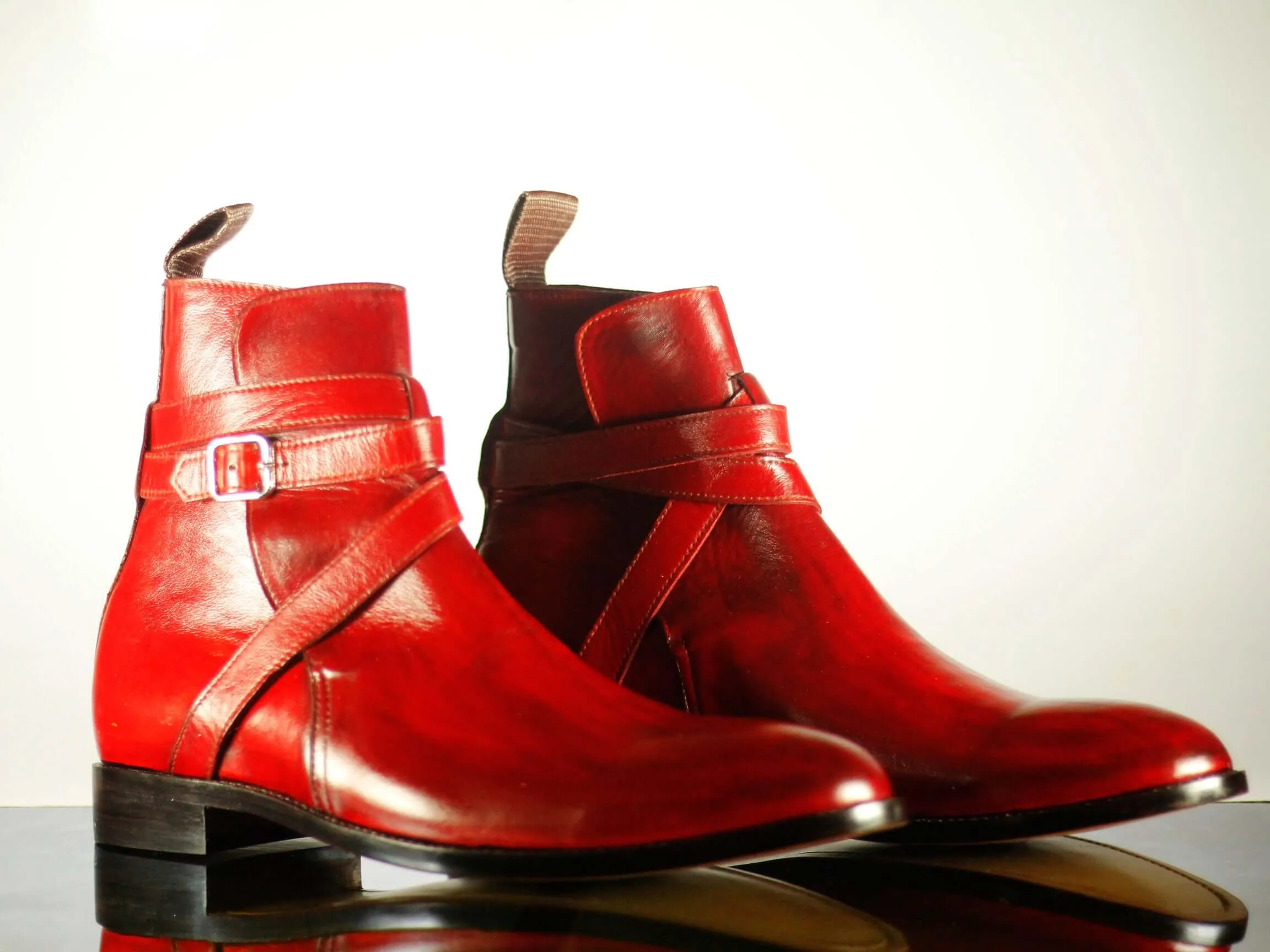 Handmade Men's Red Leather Jodhpurs Buckle Boots, Men Ankle Boots, Men Designer Boots