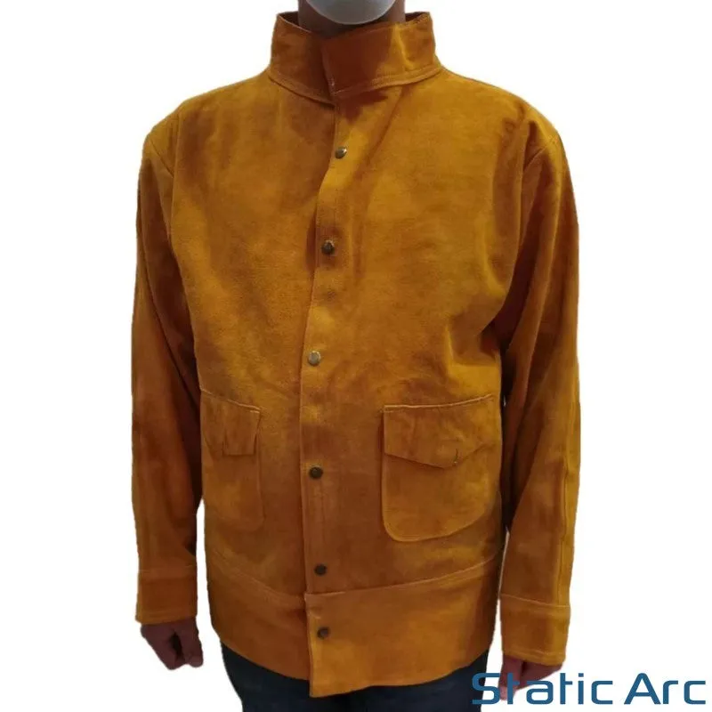 LEATHER WELDING JACKET COW SPLIT HEAT RESISTANT SPATTER WELDERS COAT PPE TAN YELLOW